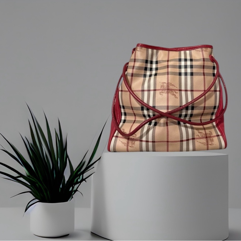 Burberry Beige Check Shoulder Bag with Red Trim and Straps